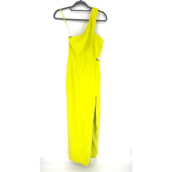 Aidan Mattox Fluorescent Yellow One-Shoulder Column Gown with Side Cut Out – 0 - Picture 2 of 10